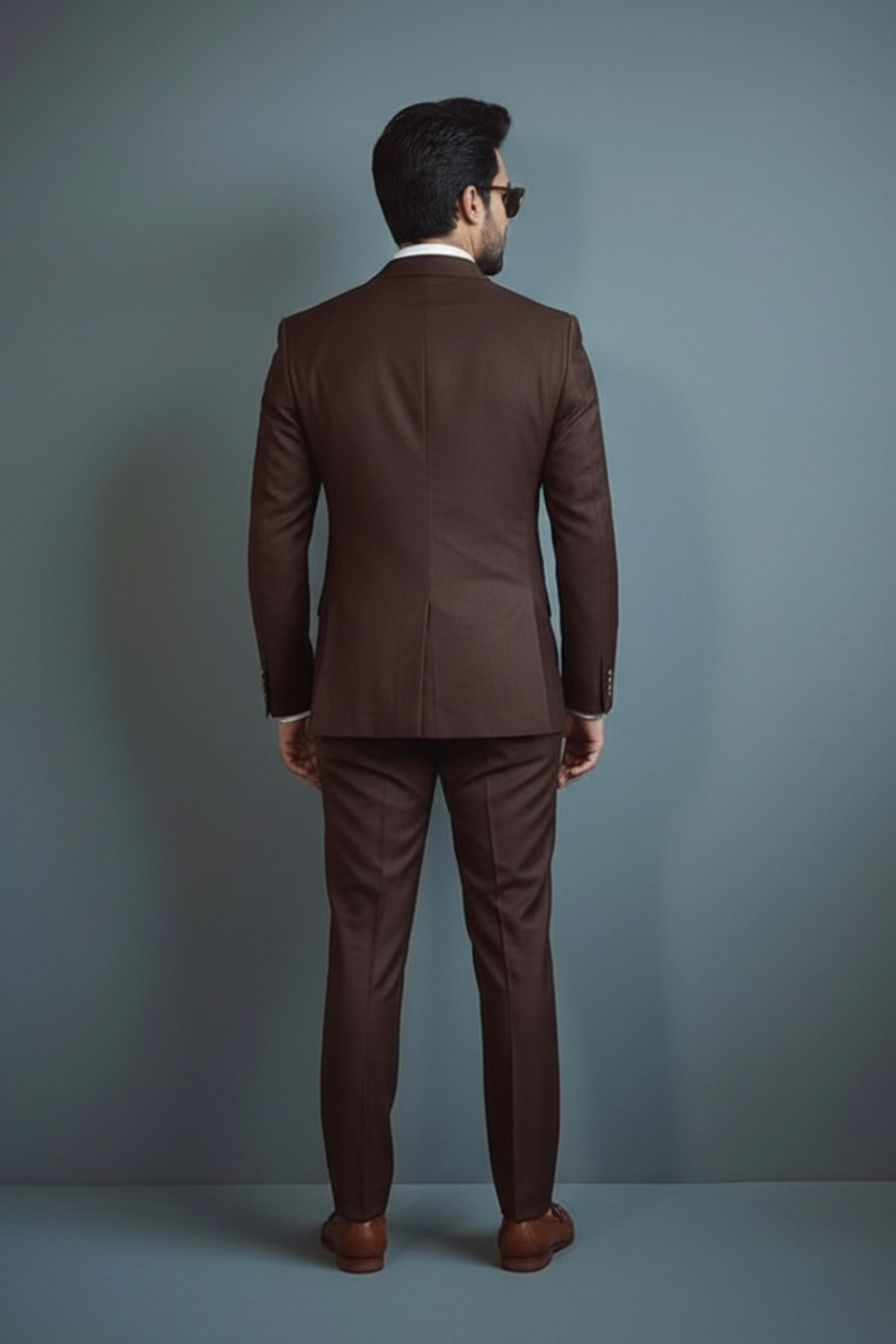 Man wearing a brown suit with sunglasses against a gray background