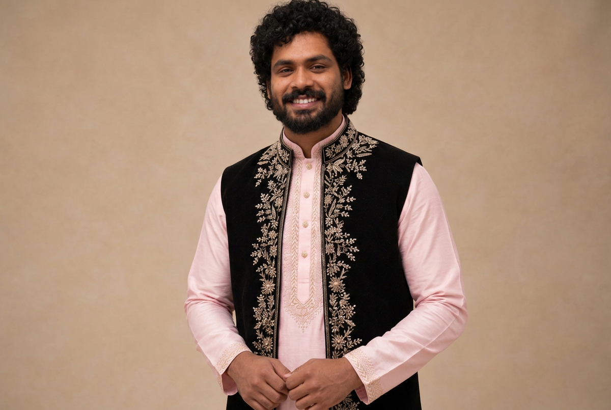 Black Floral Embroidered Nehru Jacket  (Midnight Royale)