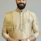 Men’s Beige Gold Self-Textured Pattu Pancha Kurta Set with Traditional Dhoti & Dupatta