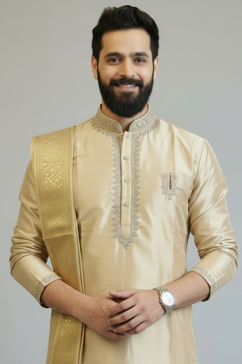 Men’s Beige Gold Self-Textured Pattu Pancha Kurta Set with Traditional Dhoti & Dupatta