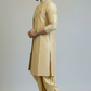 Men’s Beige Gold Self-Textured Pattu Pancha Kurta Set with Traditional Dhoti & Dupatta
