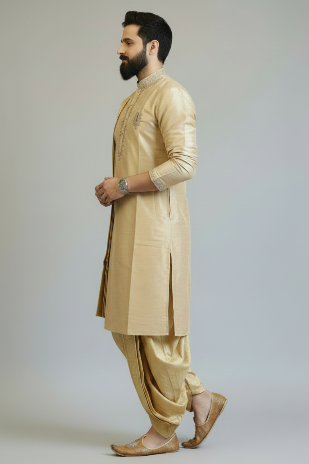 Men’s Beige Gold Self-Textured Pattu Pancha Kurta Set with Traditional Dhoti & Dupatta