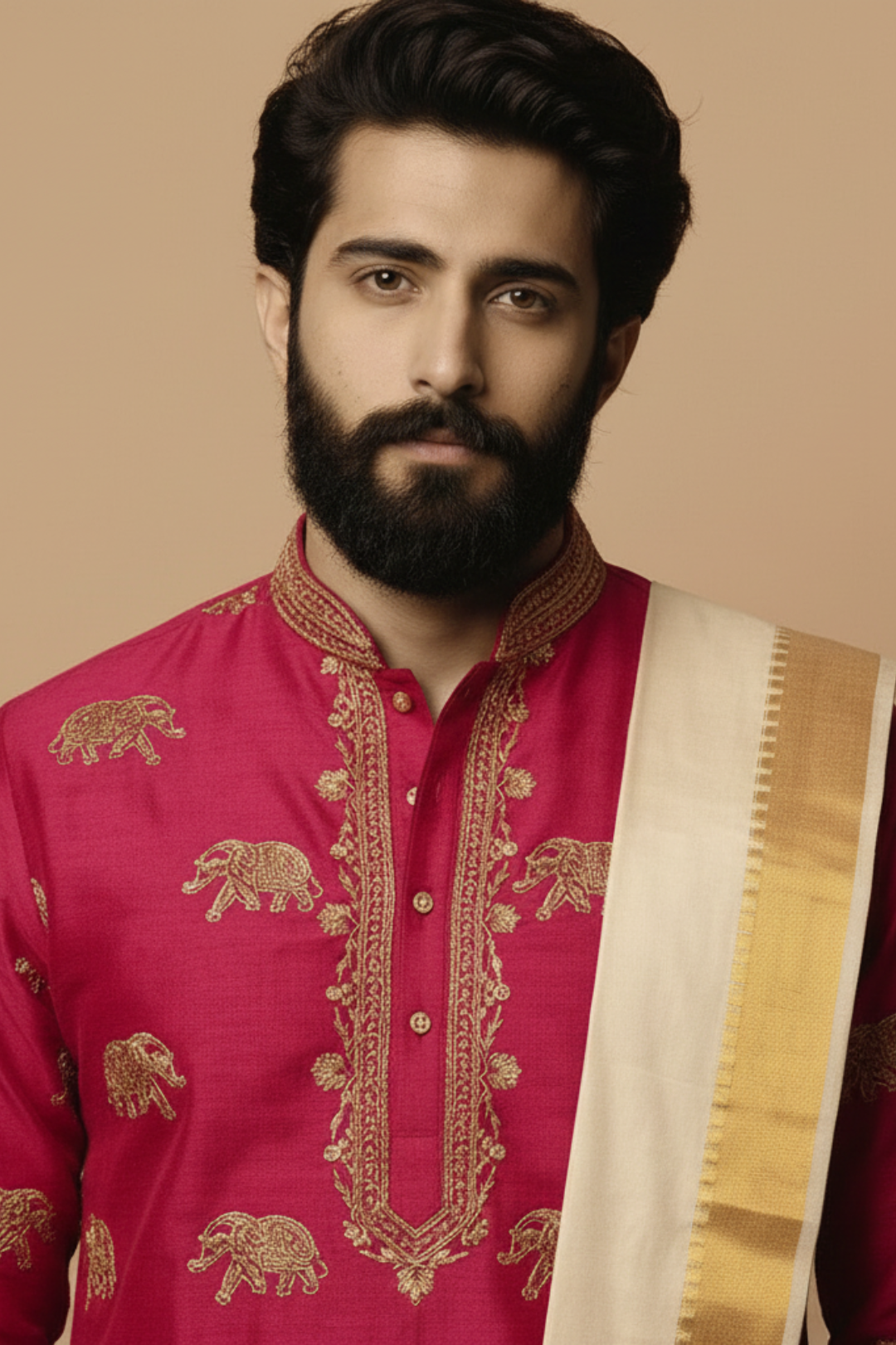 Man wearing a pink embroidered shirt with gold details and a beige scarf on a beige background