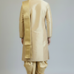 Men’s Beige Gold Self-Textured Pattu Pancha Kurta Set with Traditional Dhoti & Dupatta