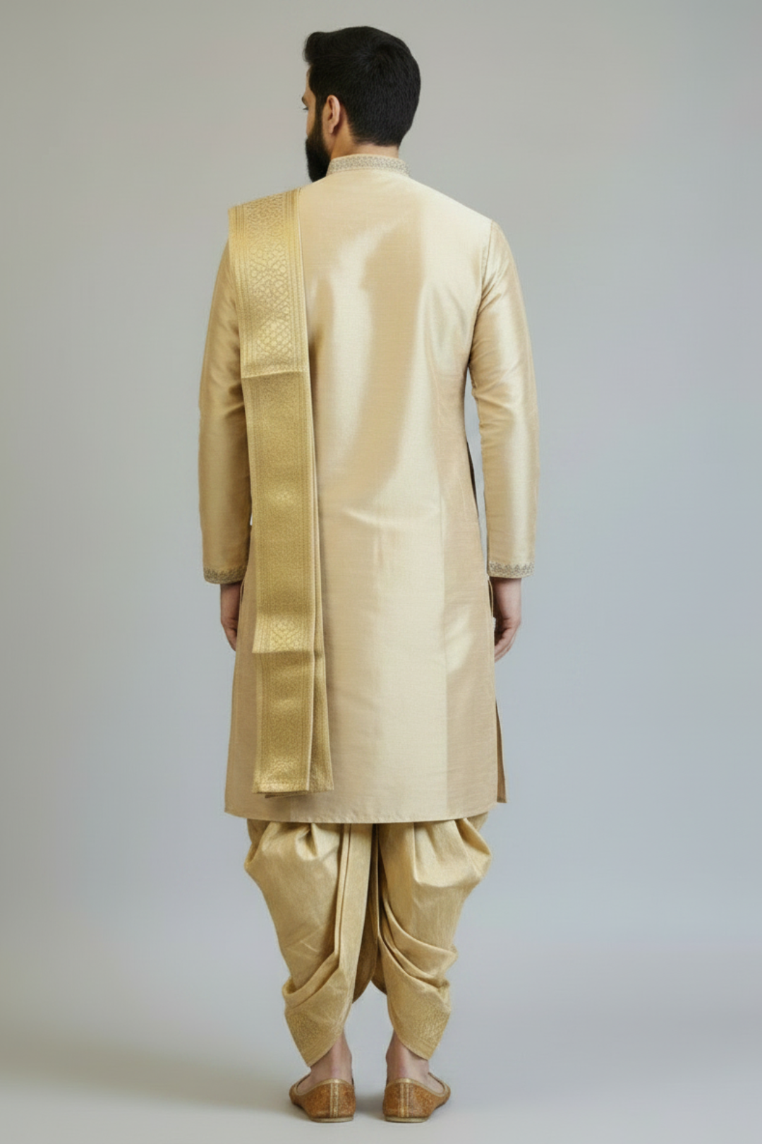 Men’s Beige Gold Self-Textured Pattu Pancha Kurta Set with Traditional Dhoti & Dupatta
