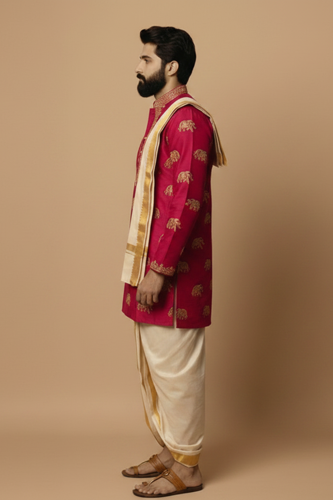Man wearing a red sherwani with gold patterns on a beige background