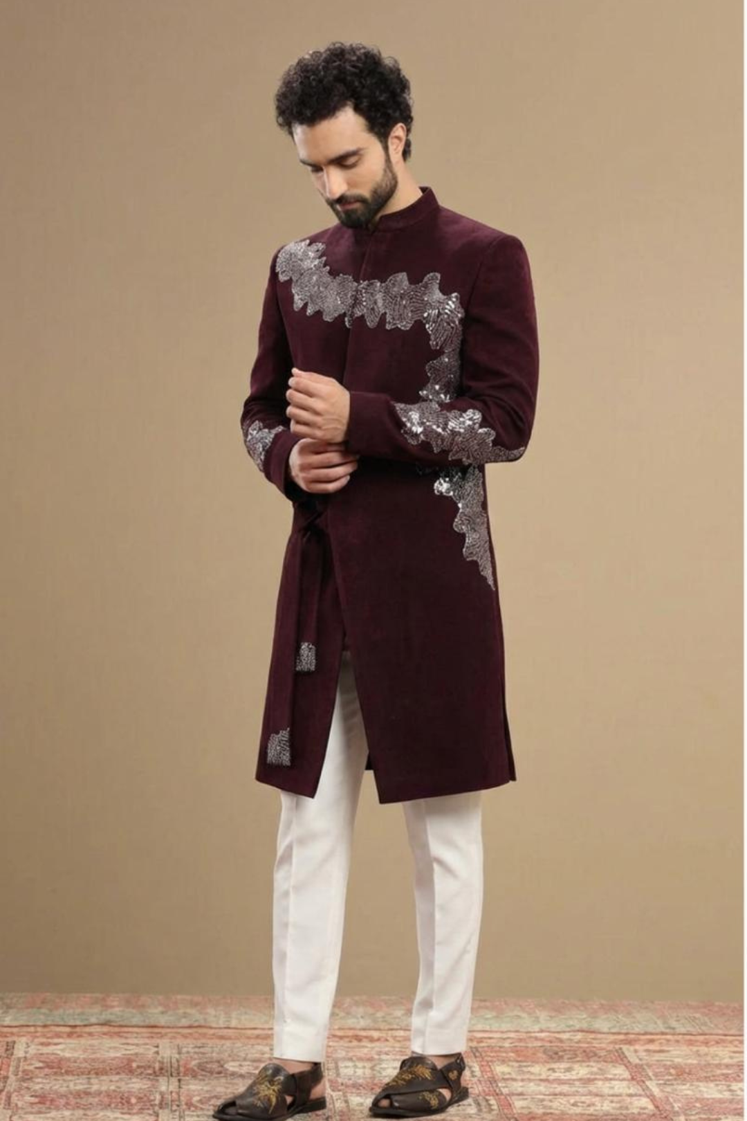 Men’s Wine Embroidered Indo-Western Sherwani Set