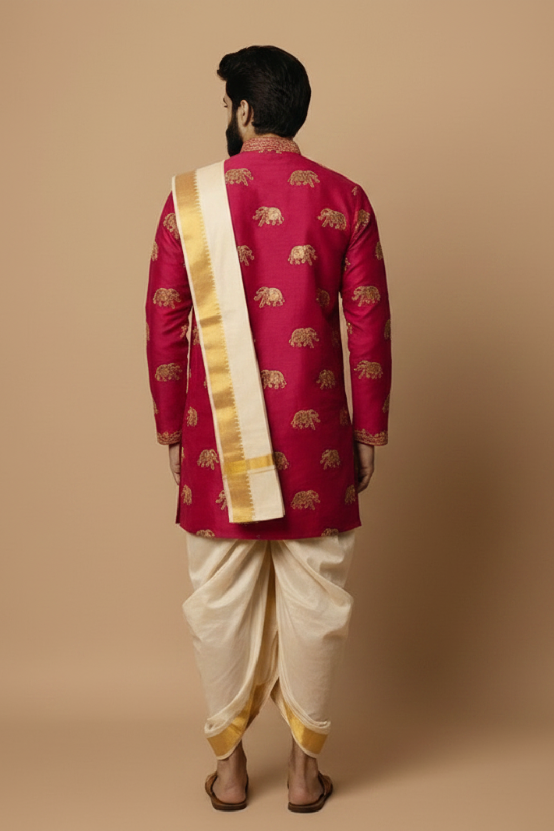 Man wearing a traditional pink kurta with elephant patterns and white dhoti on a beige background