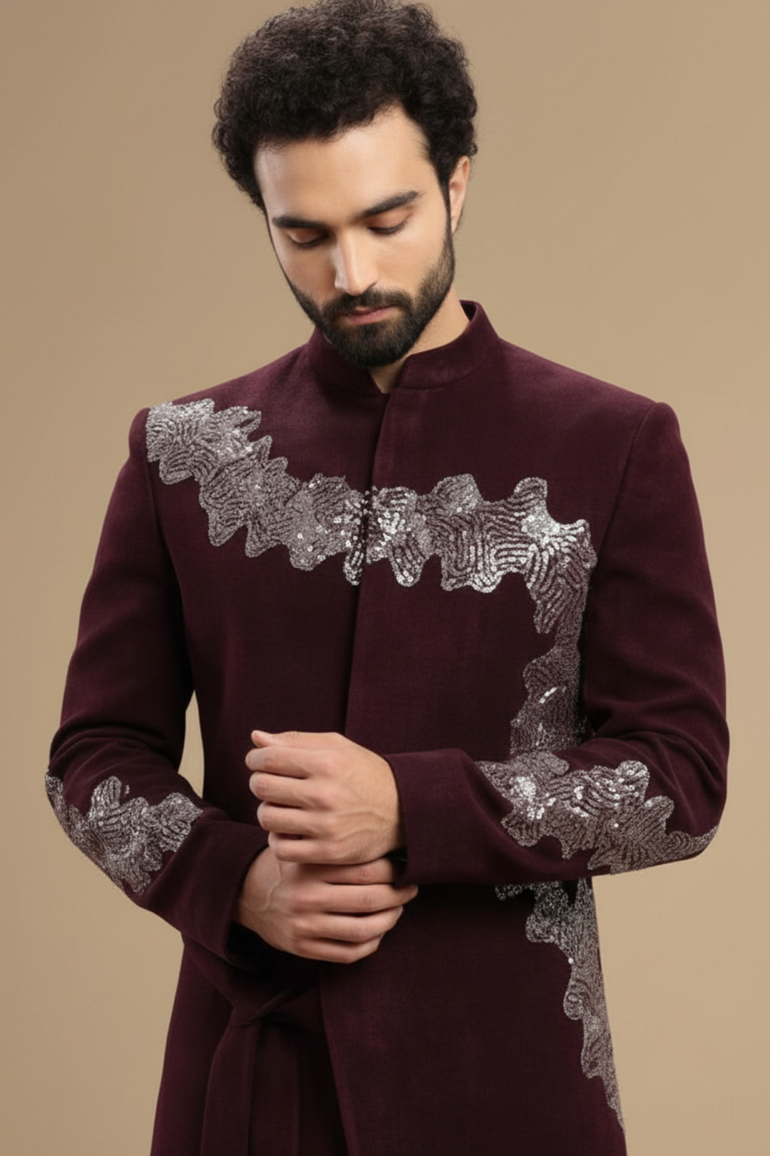 Men’s Wine Embroidered Indo-Western Sherwani Set