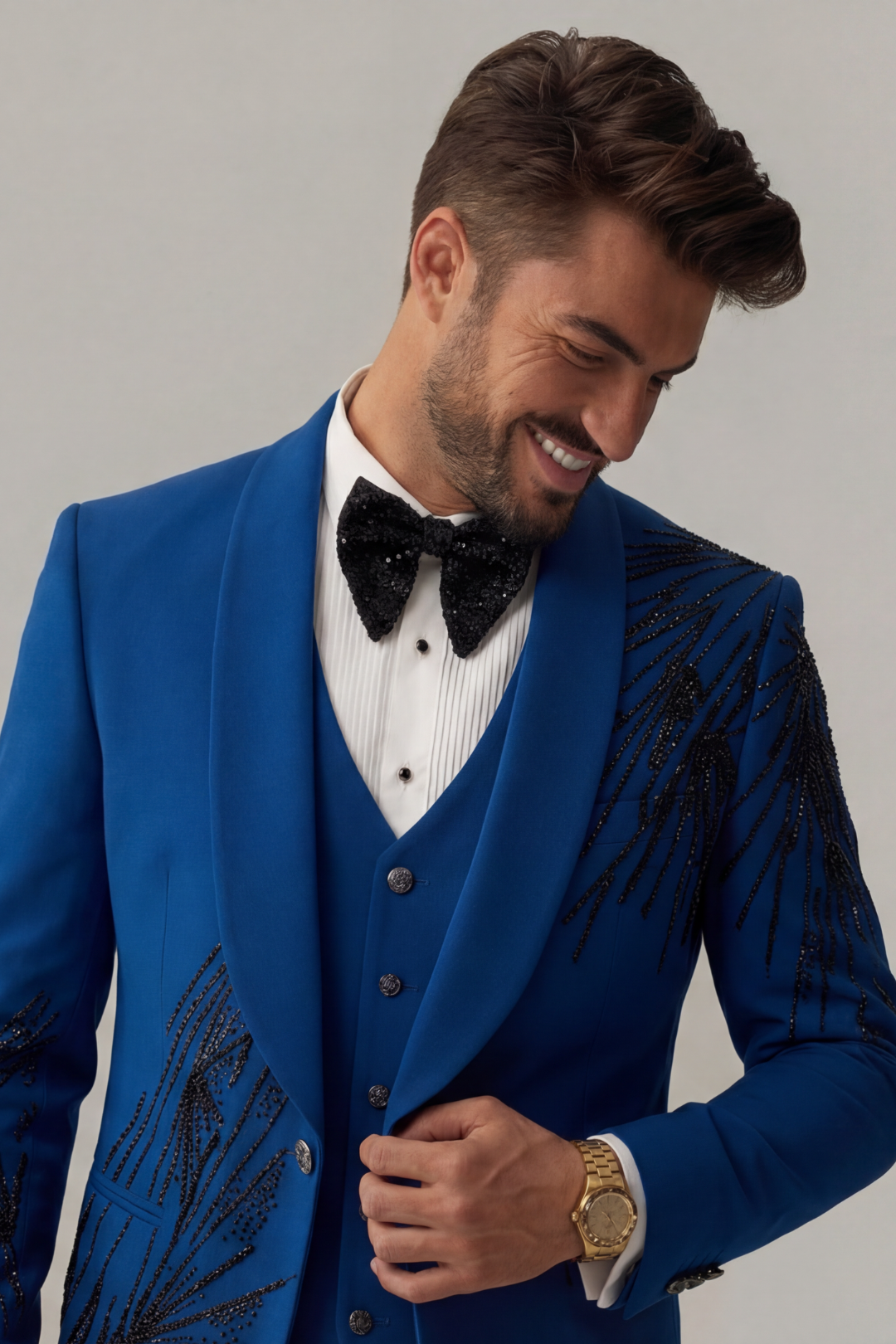 Teal blue 5- piece tuxedo with curtdana embroidery