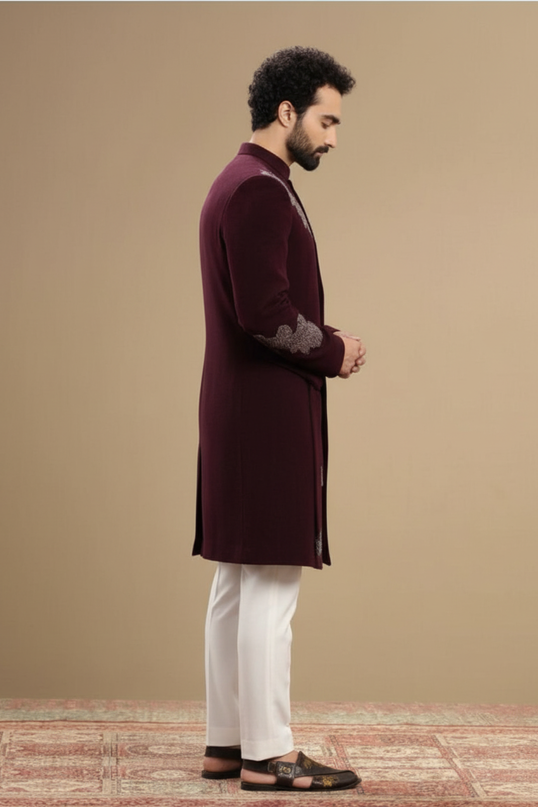 Men’s Wine Embroidered Indo-Western Sherwani Set