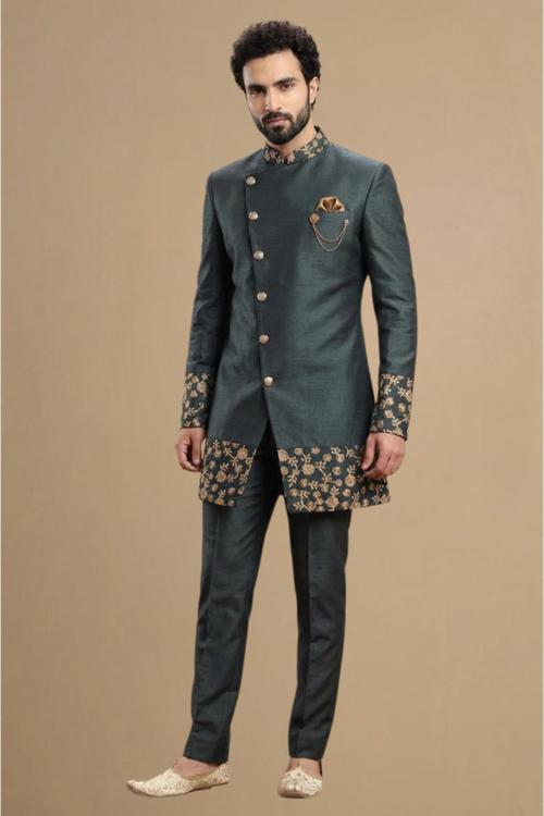 Men’s Luxury Teal Indo-Western Jacket & Trouser Set