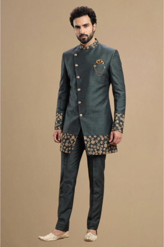 Men’s Luxury Teal Indo-Western Jacket & Trouser Set