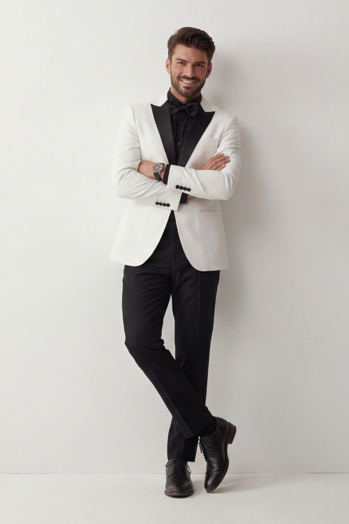 Man wearing a white blazer over a black shirt with black pants and shoes on a light gray background