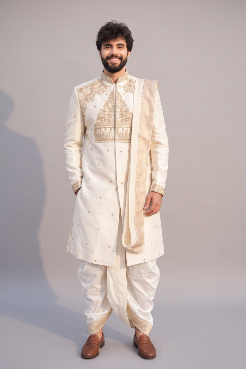 Men’s Ivory Silk Kurta with Pattu Pancha & Angavastram | Ayodhya Mandir Elegance Embroidery Wedding Set