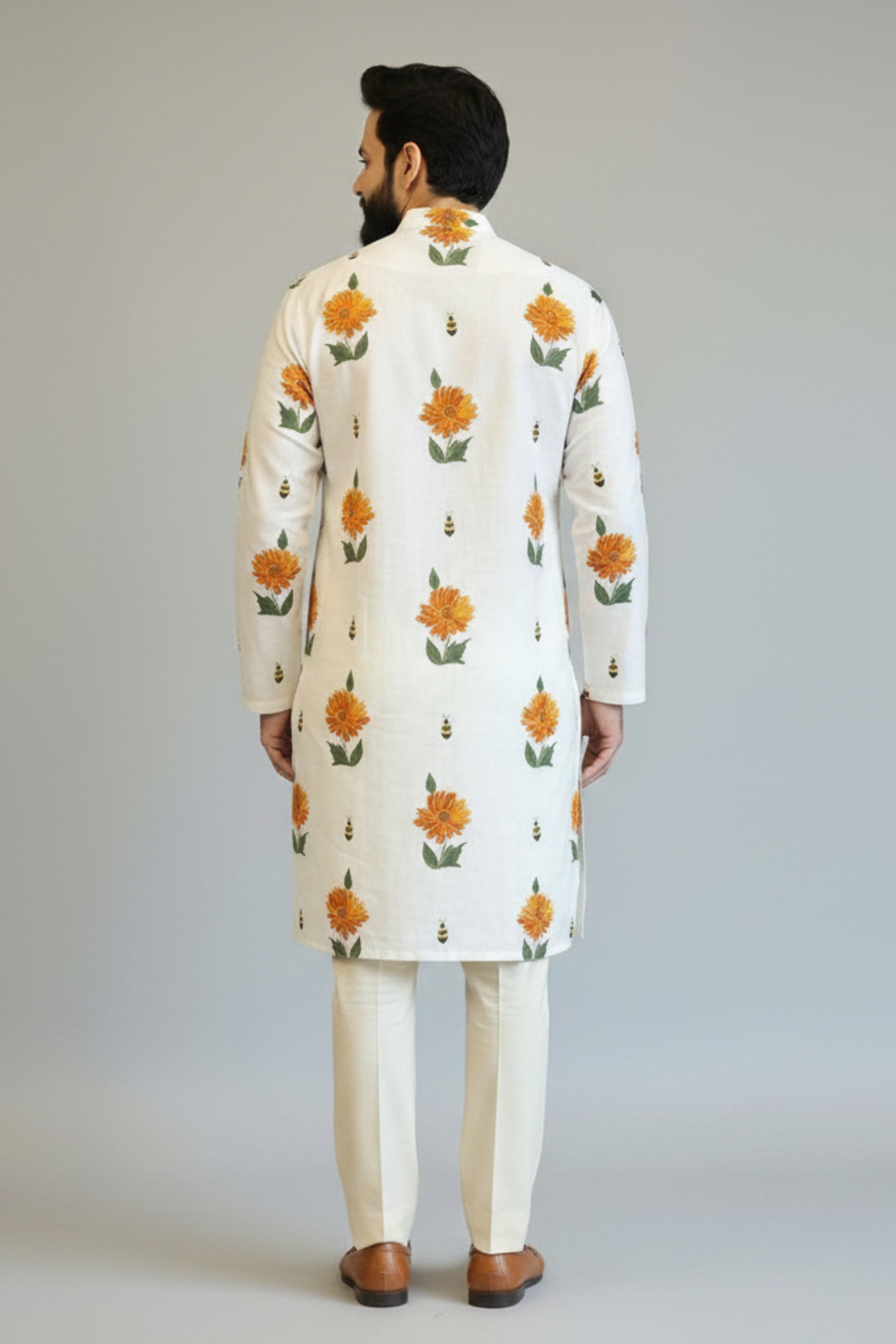 Off-White Floral Printed Kurta Pajama for Men – Casual Festive & Summer Ethnic Wear