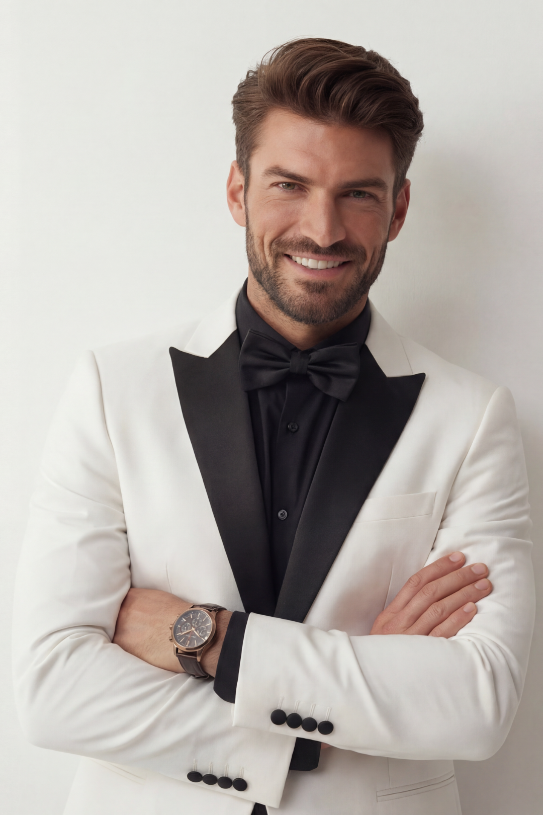 Man wearing a white tuxedo with black lapels and bow tie against a white background
