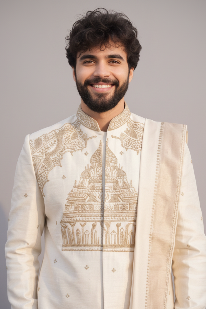 Men’s Ivory Silk Kurta with Pattu Pancha & Angavastram | Ayodhya Mandir Elegance Embroidery Wedding Set