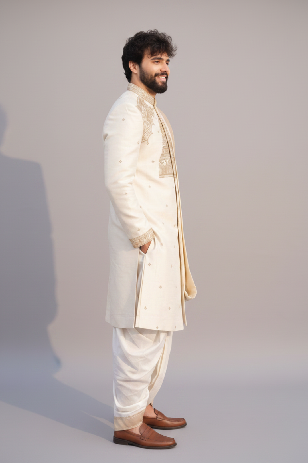 Men’s Ivory Silk Kurta with Pattu Pancha & Angavastram | Ayodhya Mandir Elegance Embroidery Wedding Set