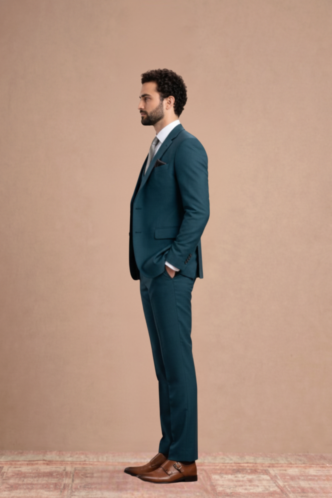 3 piece teal blue suits wool blend fabric.