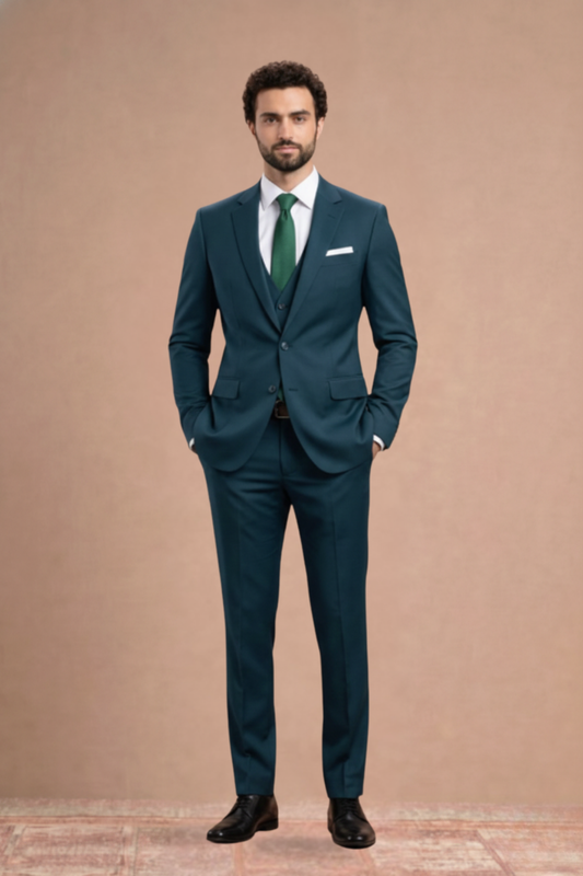 Man wearing a dark green suit with a white shirt and green tie against a beige background