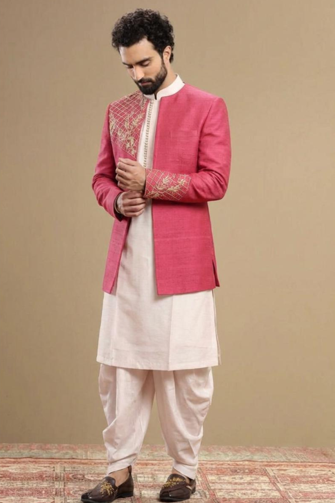 Men’s Festive Rose Pink Embroidered Indo western Jacket Set