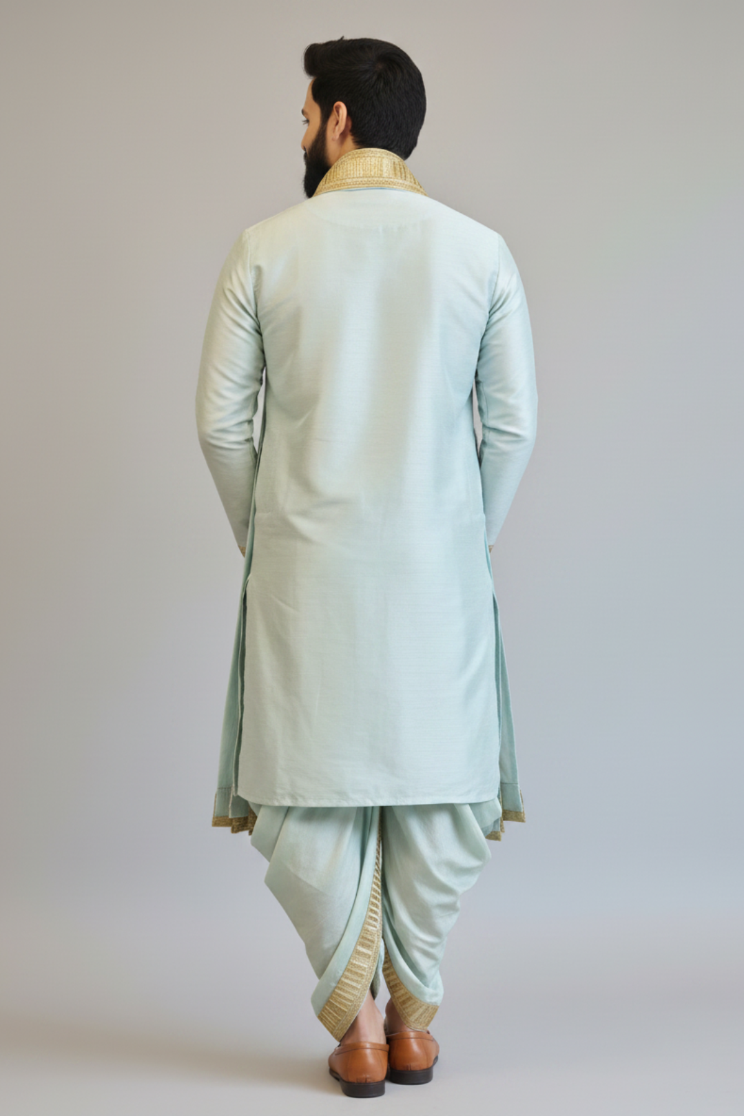 Vaikunta Blue Pattu Pancha Set for Men with Gold Embroidery – Premium Wedding & Traditional Ethnic Wear