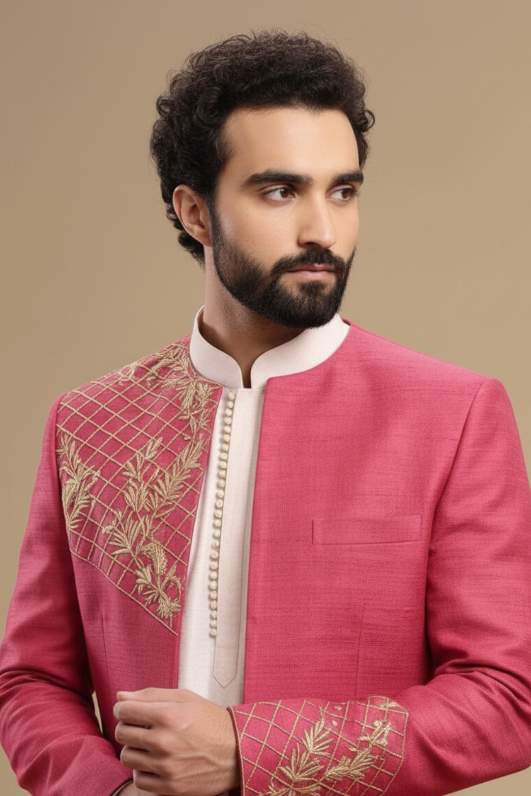 Men’s Festive Rose Pink Embroidered Indo western Jacket Set
