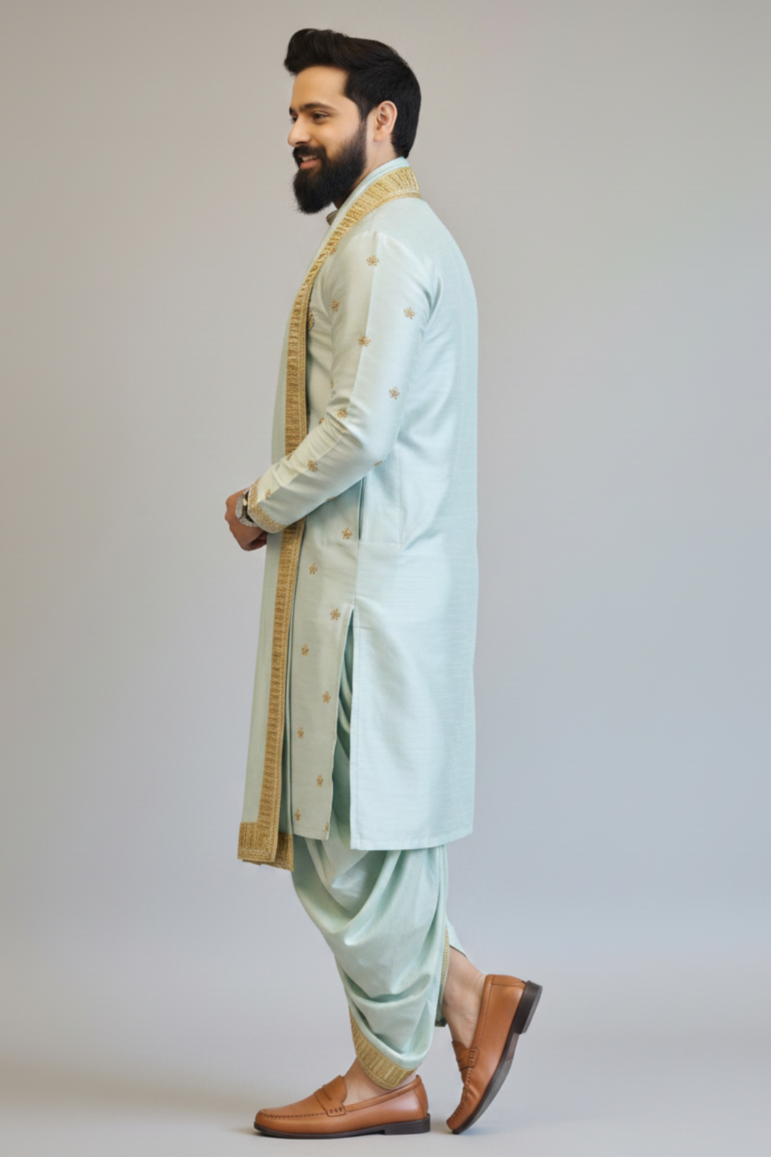 Vaikunta Blue Pattu Pancha Set for Men with Gold Embroidery – Premium Wedding & Traditional Ethnic Wear