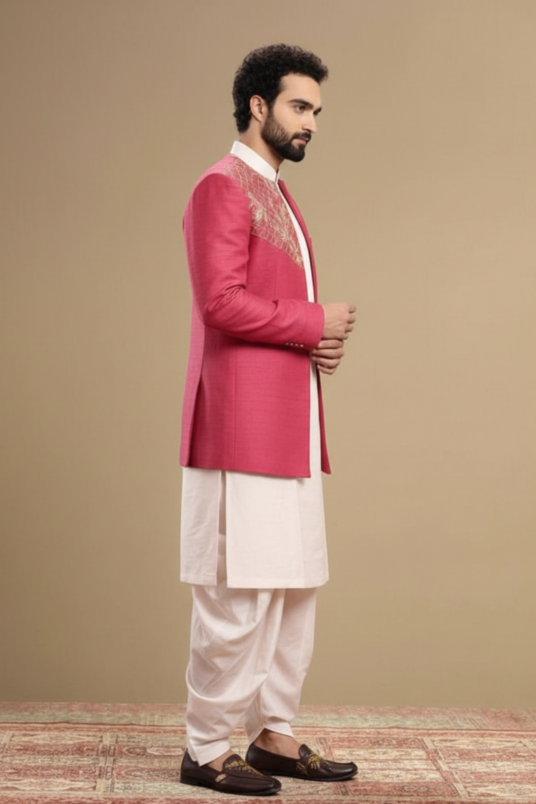 Men’s Festive Rose Pink Embroidered Indo western Jacket Set