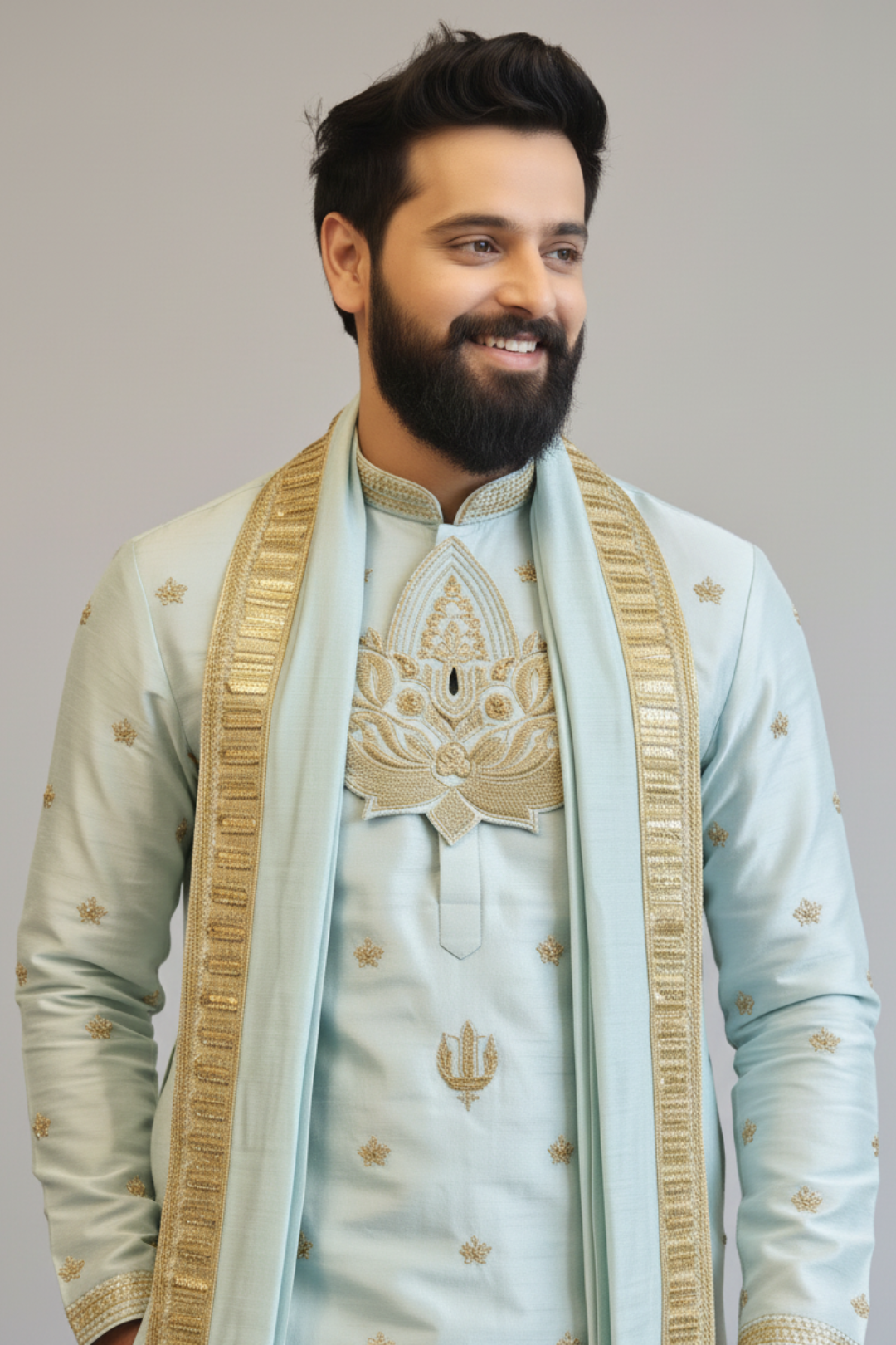 Vaikunta Blue Pattu Pancha Set for Men with Gold Embroidery – Premium Wedding & Traditional Ethnic Wear