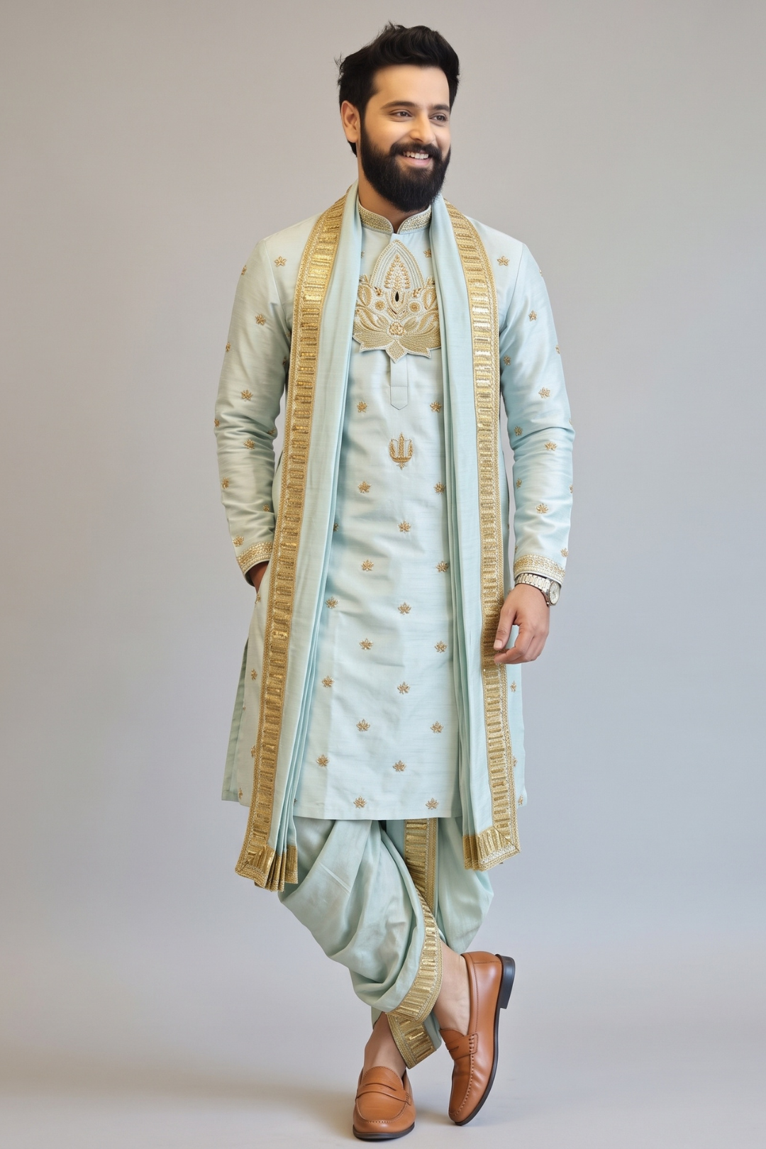 Vaikunta Blue Pattu Pancha Set for Men with Gold Embroidery – Premium Wedding & Traditional Ethnic Wear
