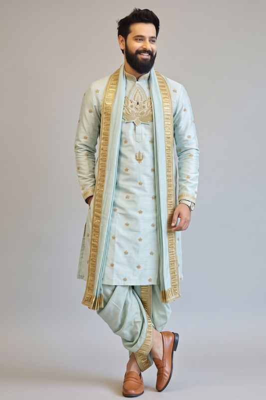 Vaikunta Blue Pattu Pancha Set for Men with Gold Embroidery – Premium Wedding & Traditional Ethnic Wear