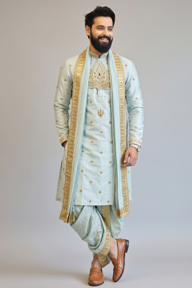Vaikunta Blue Pattu Pancha Set for Men with Gold Embroidery – Premium Wedding & Traditional Ethnic Wear