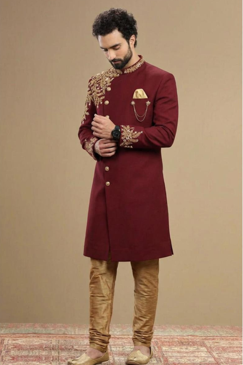 Men’s Luxury Maroon Indo-Western Sherwani & Churidar Set