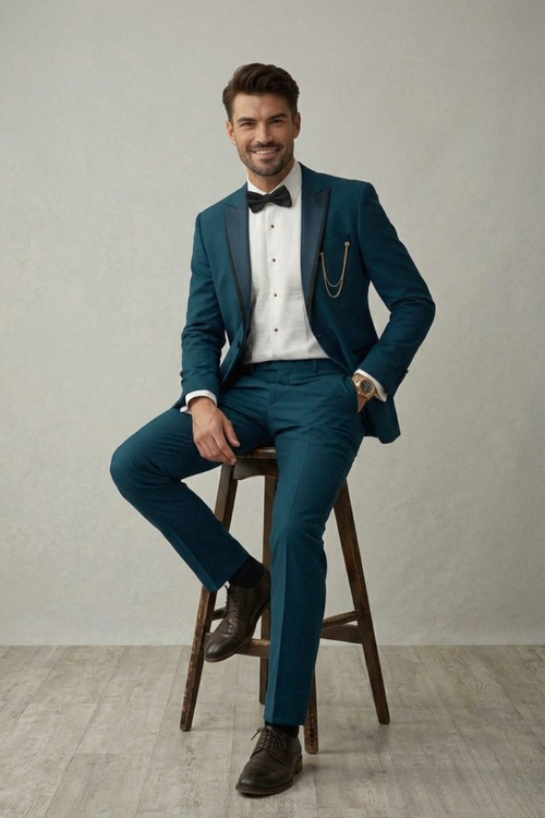 Man in a teal suit sitting on a wooden stool against a plain background