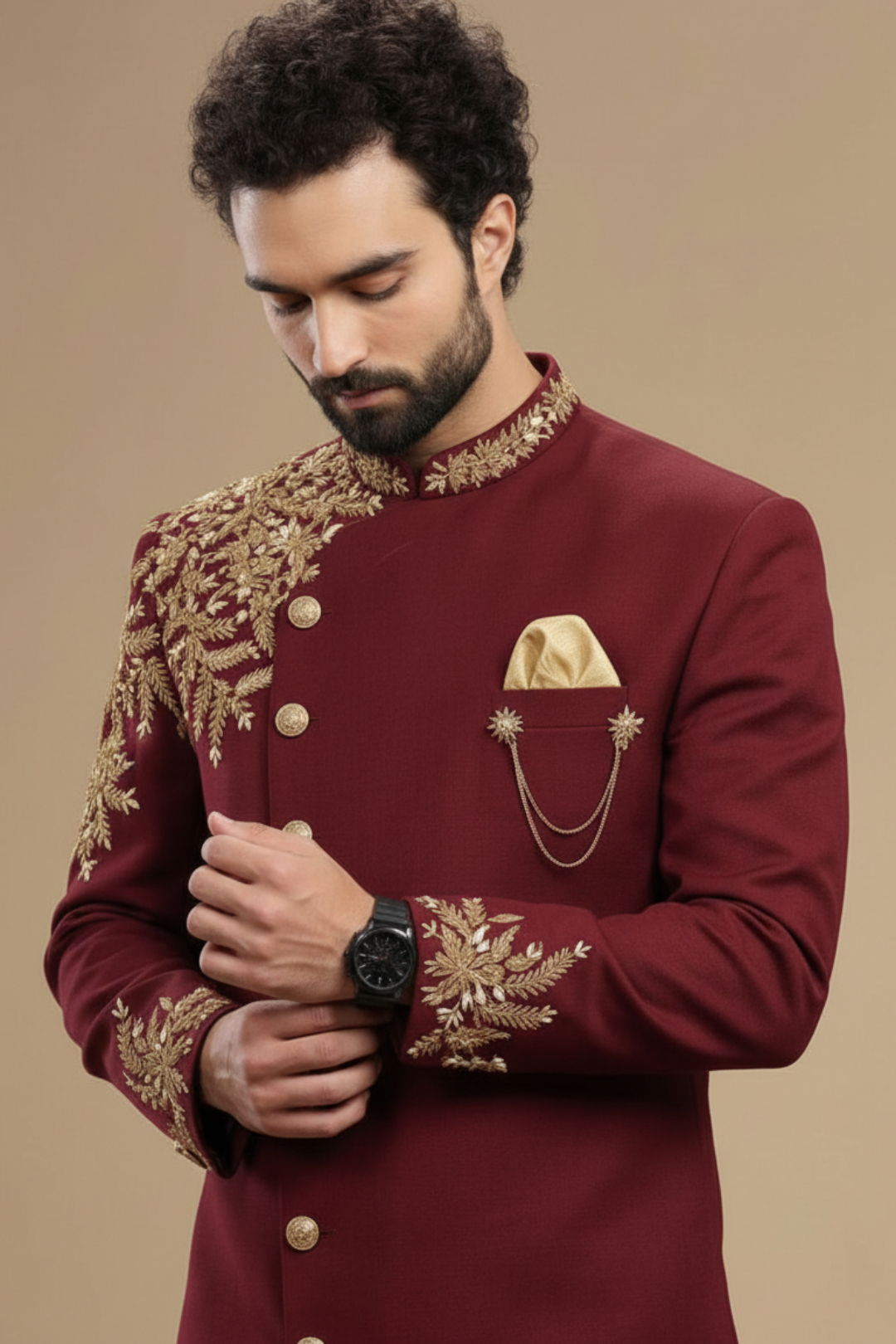 Men’s Luxury Maroon Indo-Western Sherwani & Churidar Set