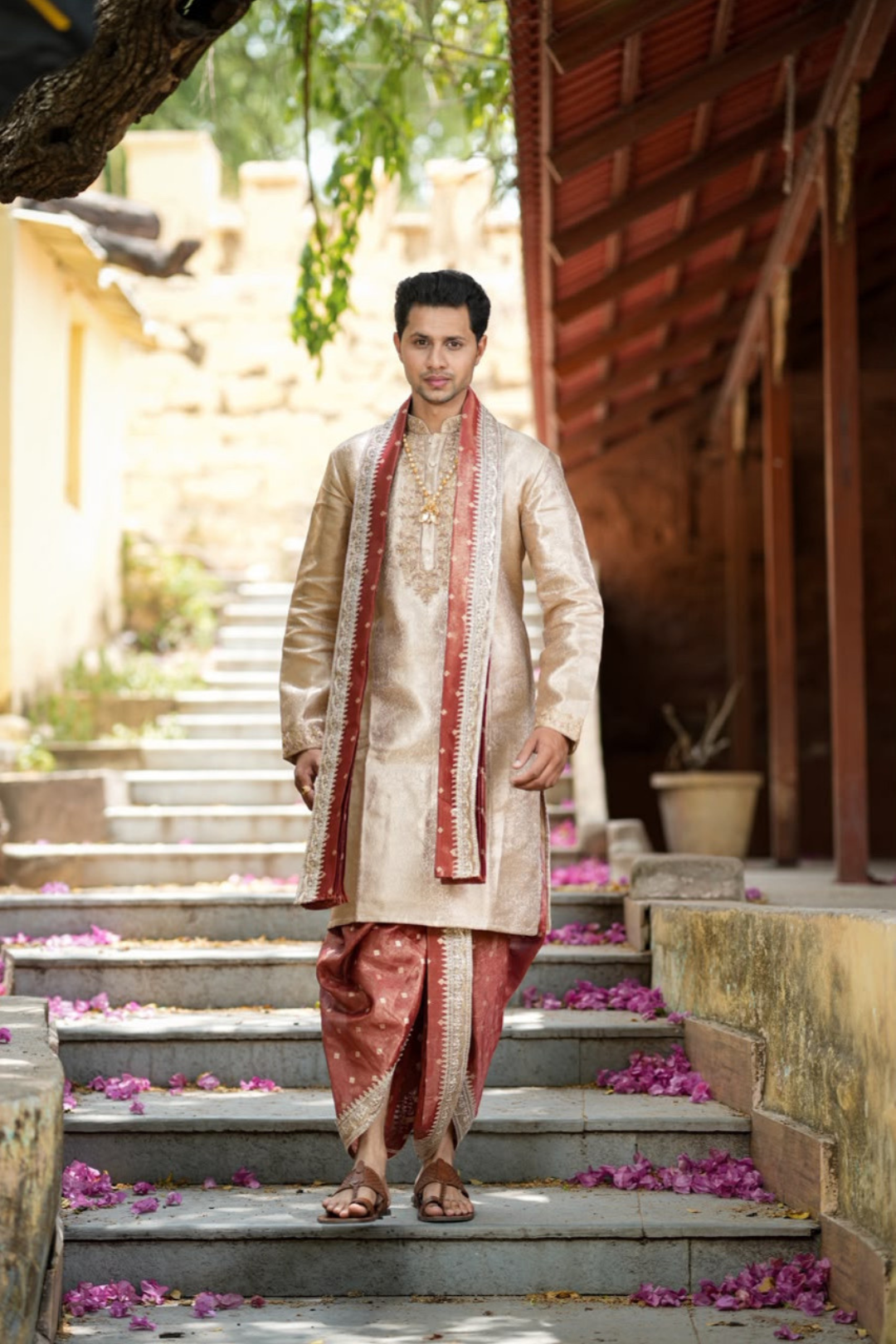 Swarna Tejas Luxury Men's Wedding Dhoti Set with Stole | Traditional Indian Groom Wear