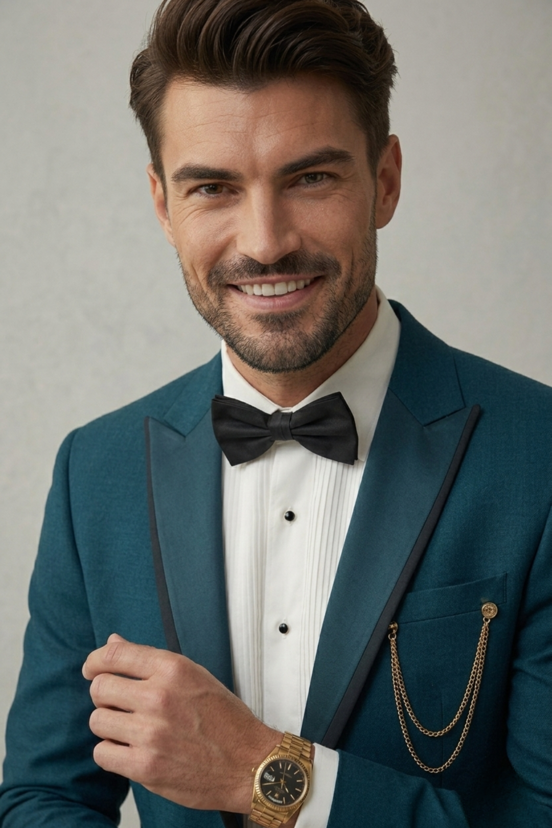 Man wearing a teal suit with a black bow tie and white shirt against a neutral background