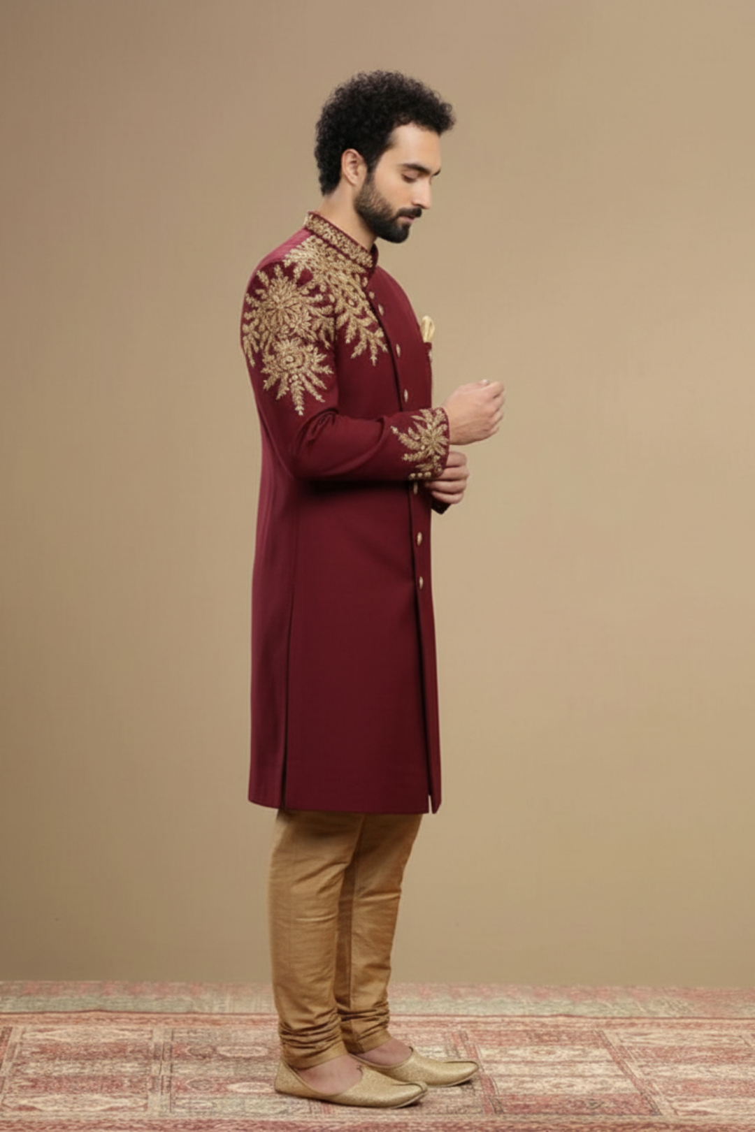 Men’s Luxury Maroon Indo-Western Sherwani & Churidar Set