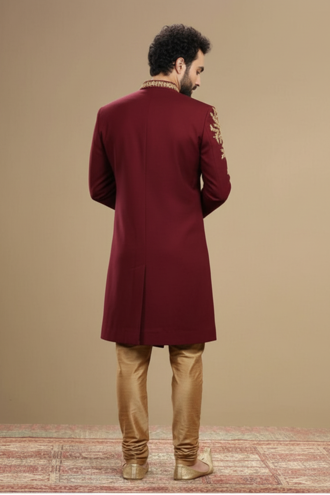 Men’s Luxury Maroon Indo-Western Sherwani & Churidar Set