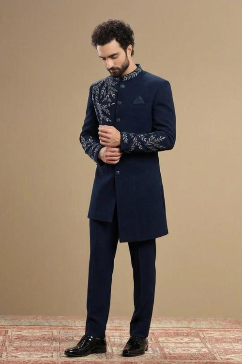 Navy Blue Designer Indo-Western Sherwani with Floral Embroidery