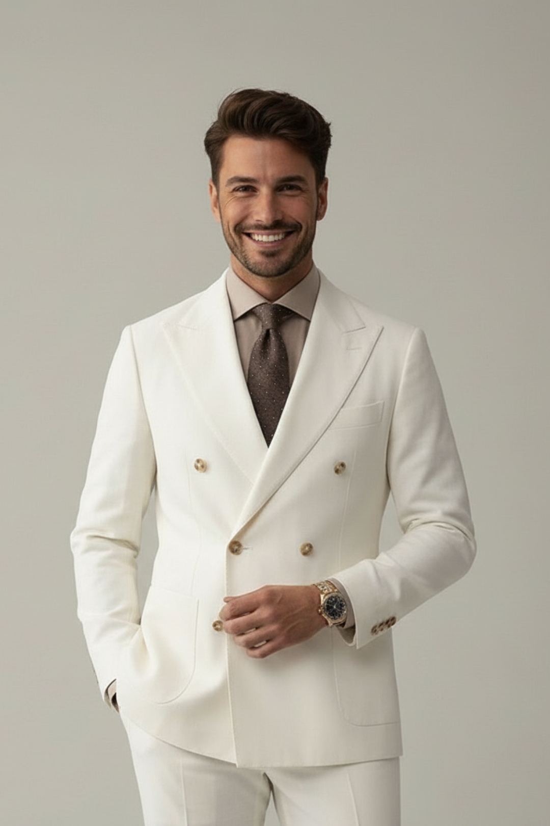 Man wearing a white suit with a gray shirt and brown tie on a plain background