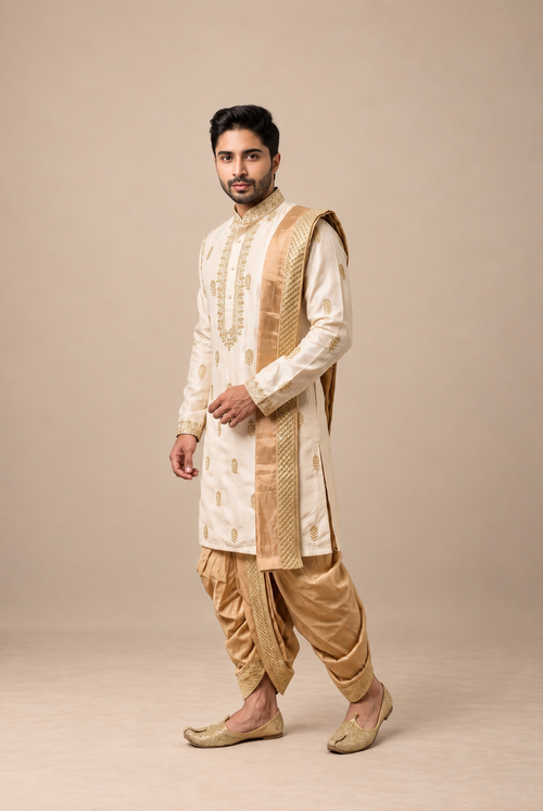 Men’s Cream Habutai Silk Kurta | Embroidered Wedding Ethnic Wear