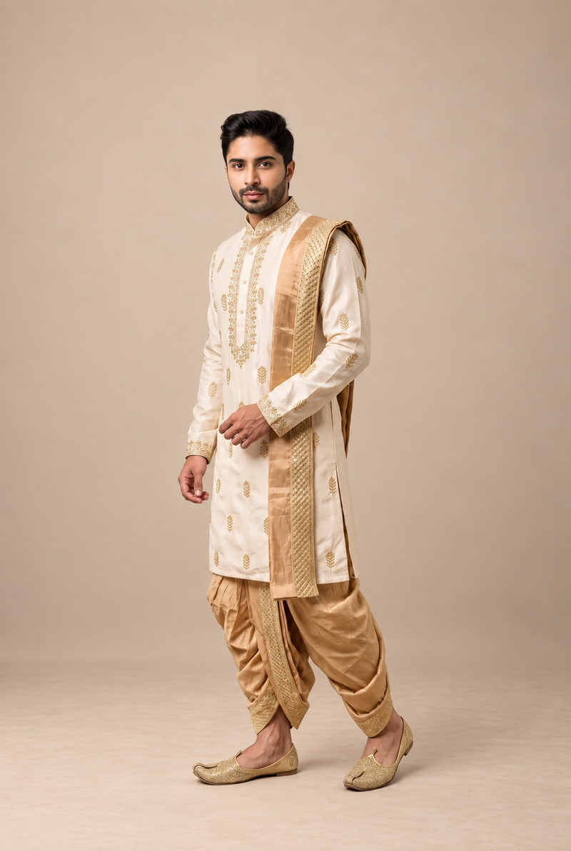 Men’s Beige Pure Silk Kurta with Pattu Pancha & Angavastram | Traditional Wedding Dhoti Set