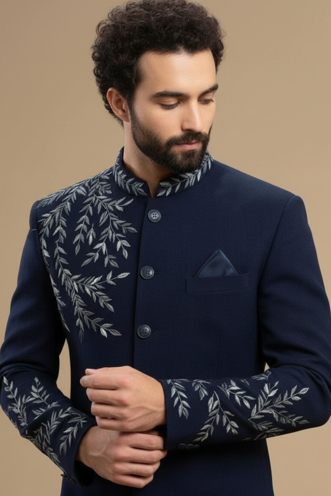 Navy Blue Designer Indo-Western Sherwani with Floral Embroidery