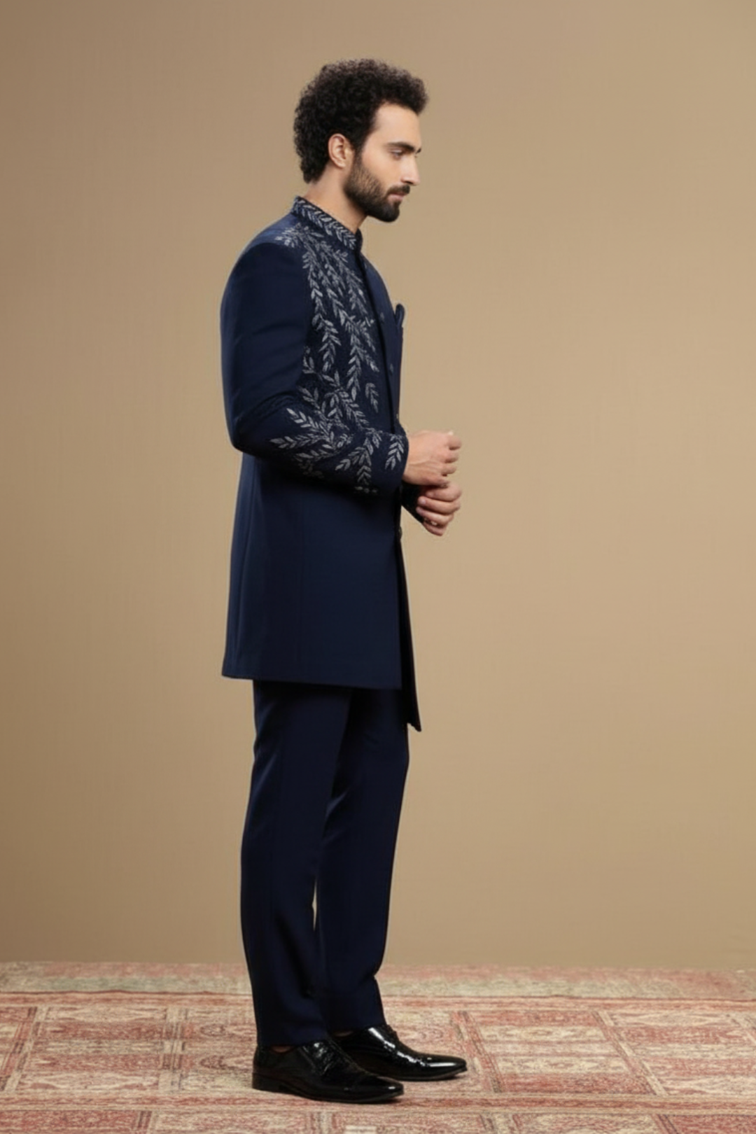 Navy Blue Designer Indo-Western Sherwani with Floral Embroidery