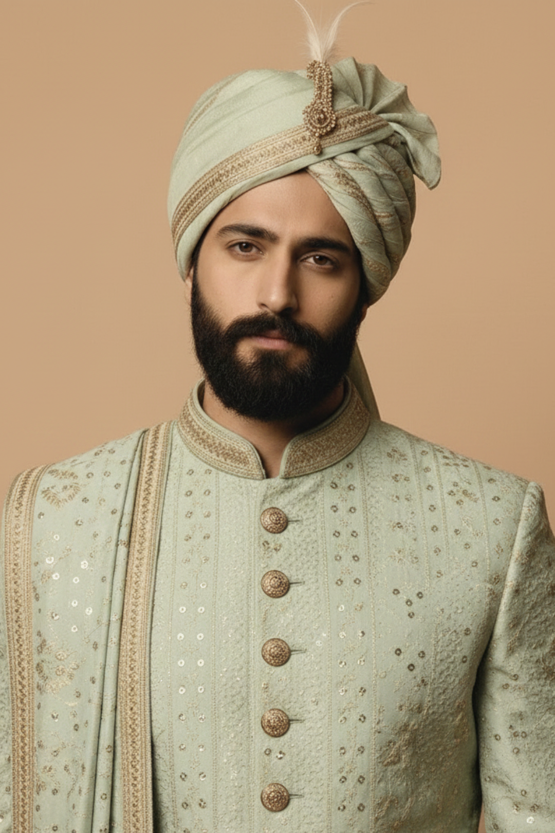 Man wearing a traditional embroidered outfit and turban against a beige background