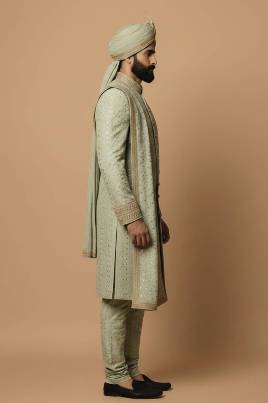 Man wearing a traditional sherwani with a turban on a beige background