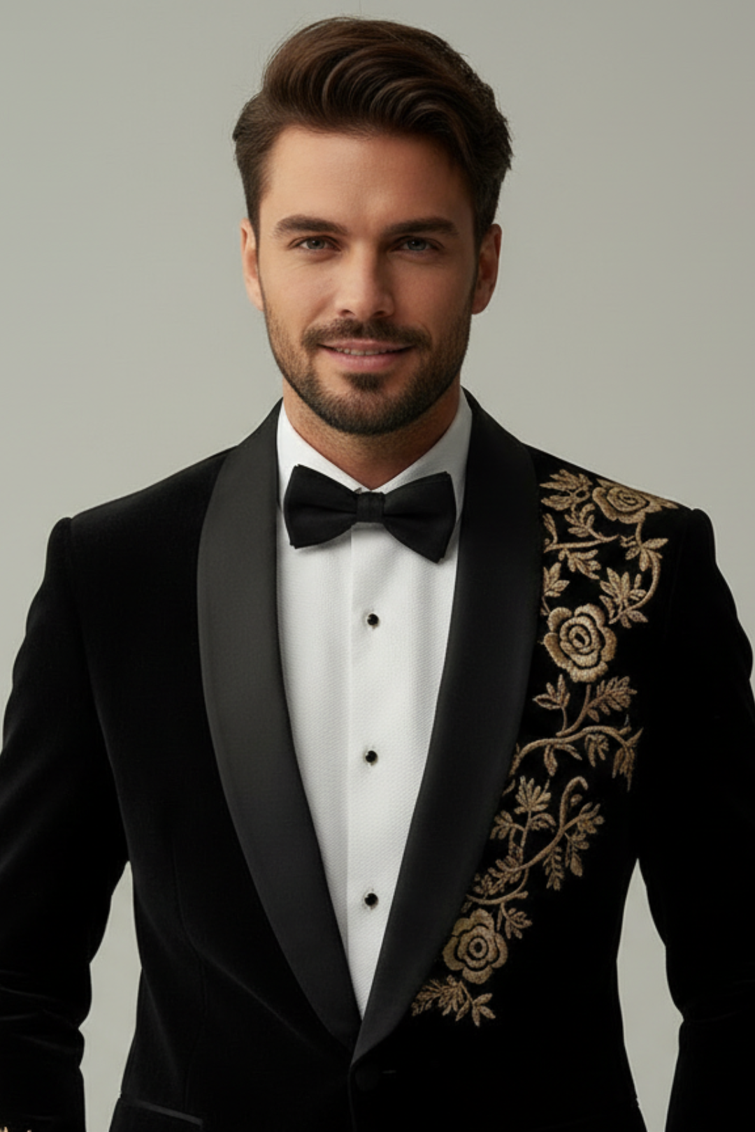 Black Velvet 2 piece  Tuxedo with golden zardosi embroidery